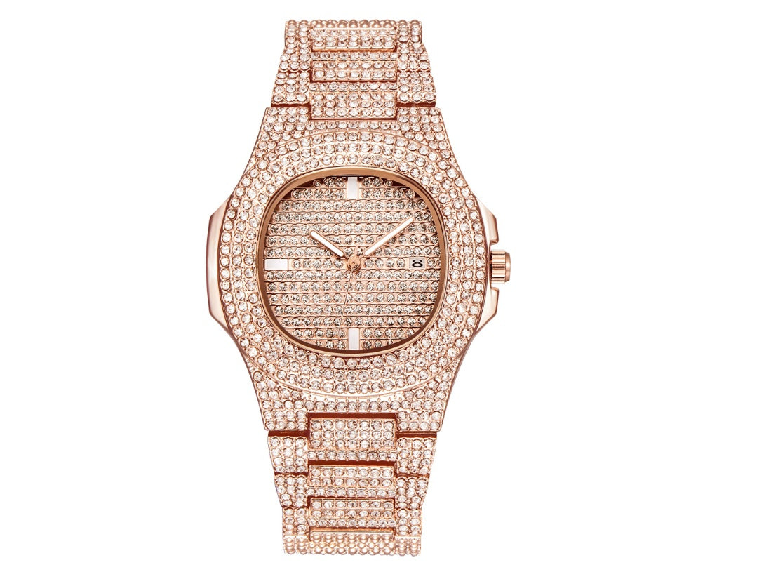 Luxury Men’s Diamond Watch – Quartz Date Display, Fashion Wristwatch