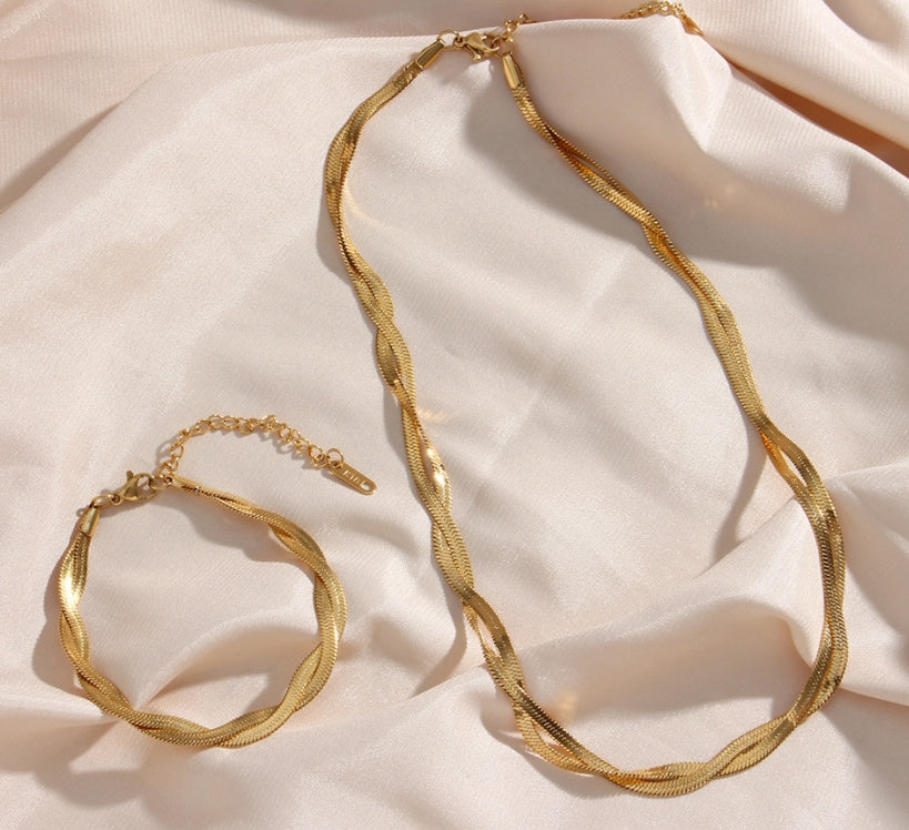 18K Gold Plated Titanium Steel Woven Fishbone Bracelet & Necklace Set