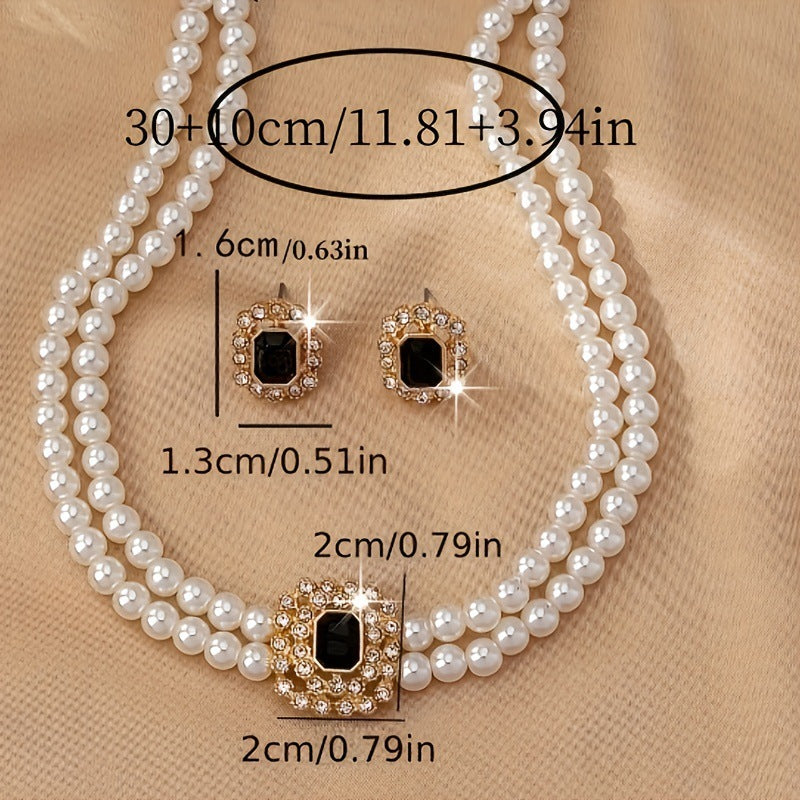 Elegant Double Row Pearl & Diamond Necklace and Earrings Set – Women’s Jewellery