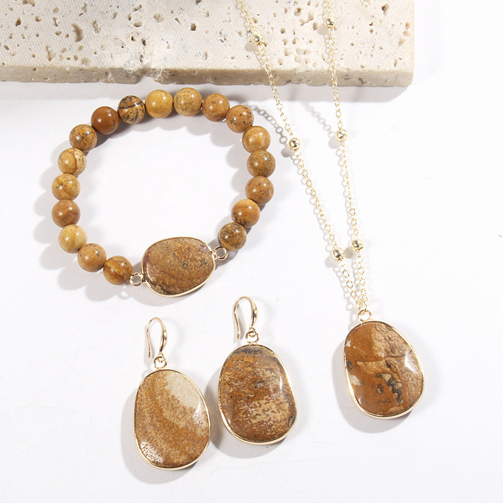 Gold Jewellery Set with Natural Stone – Necklace, Bracelet, Earrings for Women