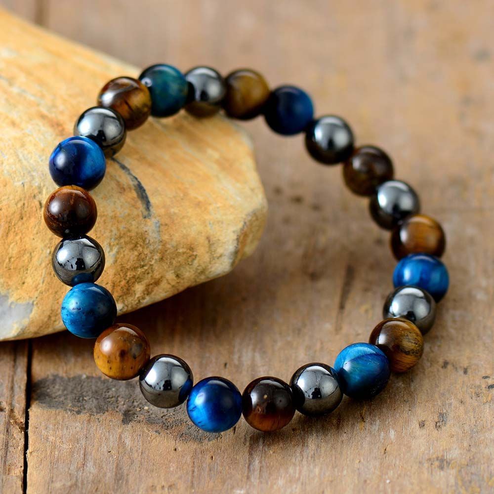Tigereye & Haematite Silver-Strip Bracelet – Unisex Natural Stone Jewellery