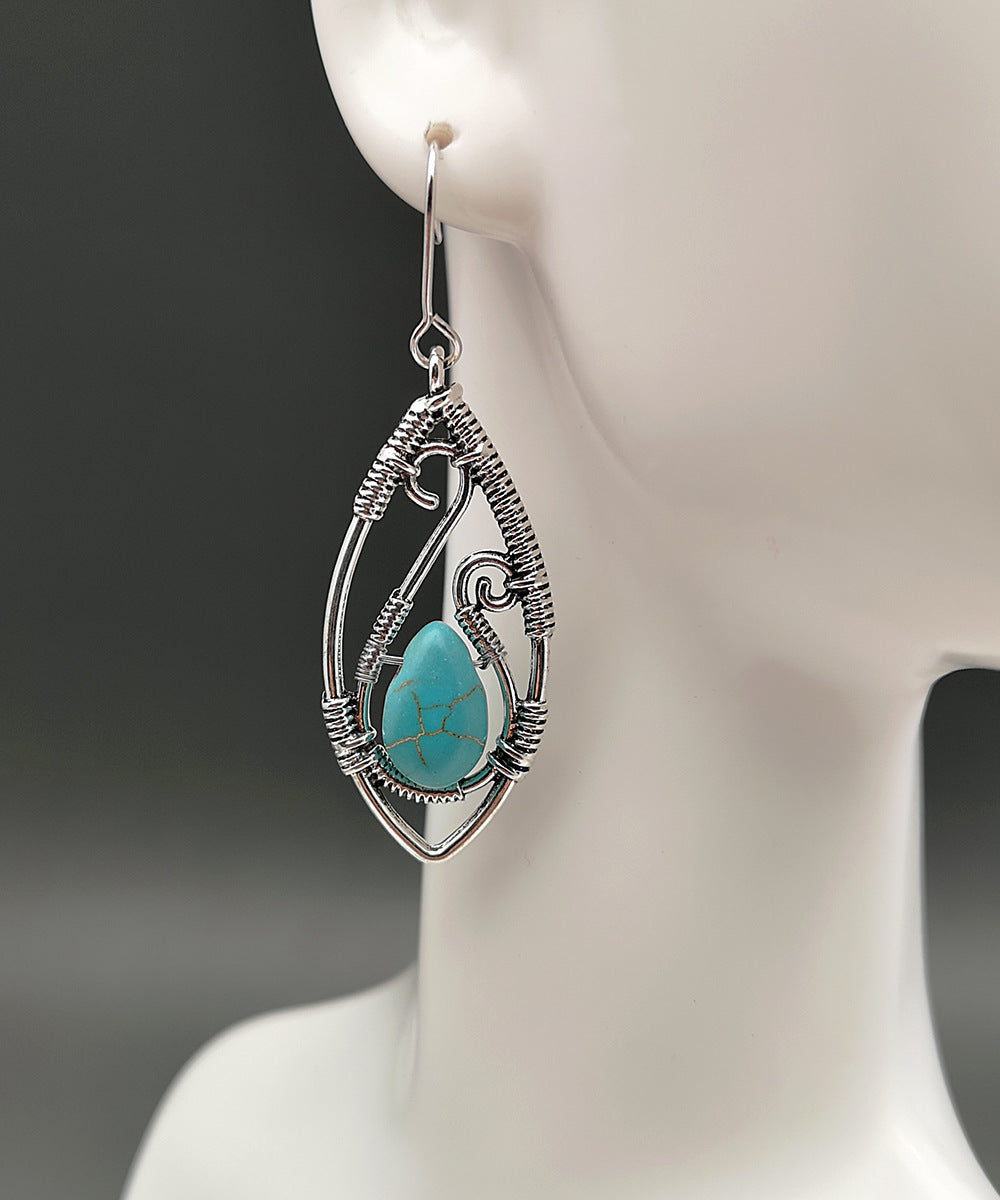 Creative Lapis Retro Silver Earrings – Turquoise String Winding Design for Women