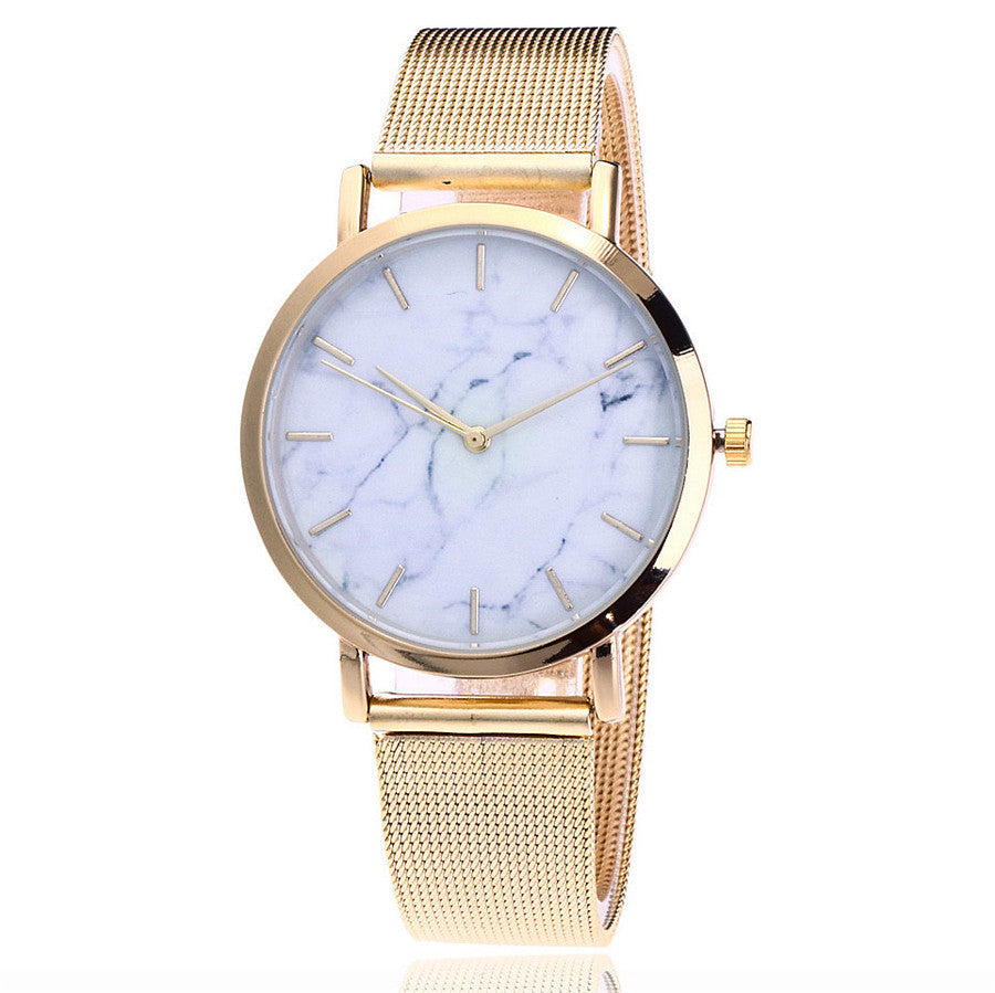 Vansvar Women’s Quartz Marble Watch – Silver & Gold Mesh Band