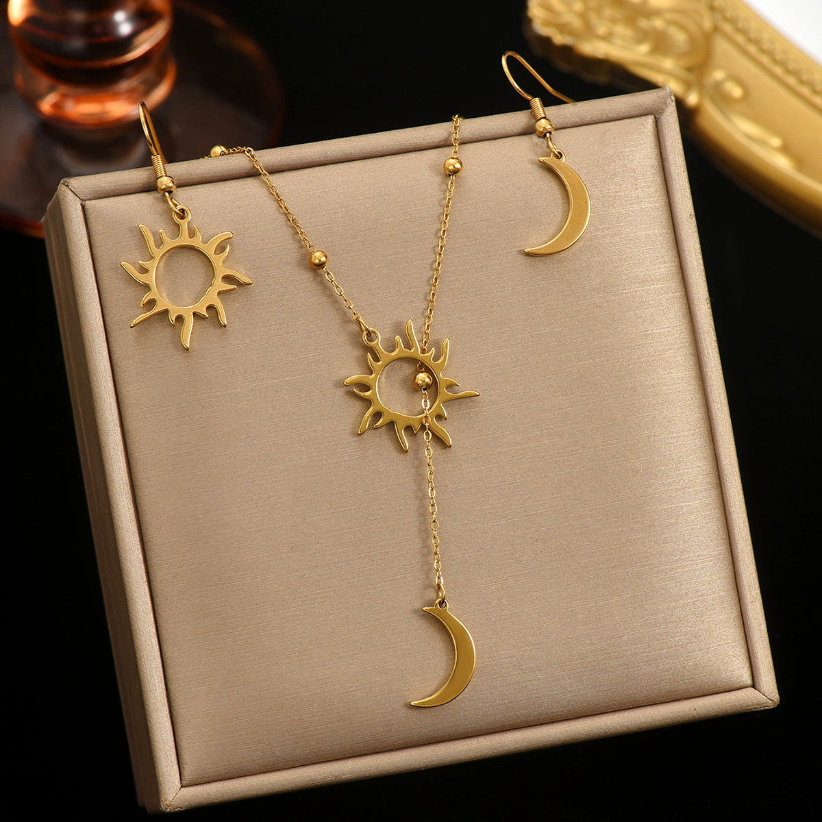 18K Gold Plated Stainless Steel Sun & Moon Necklace and Hoop Earrings Set for Women