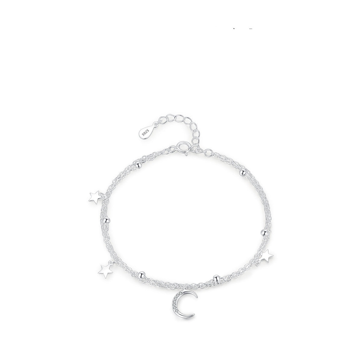 S925 Sterling Silver Star & Moon Bracelet – Double Layer Twin Design for Women