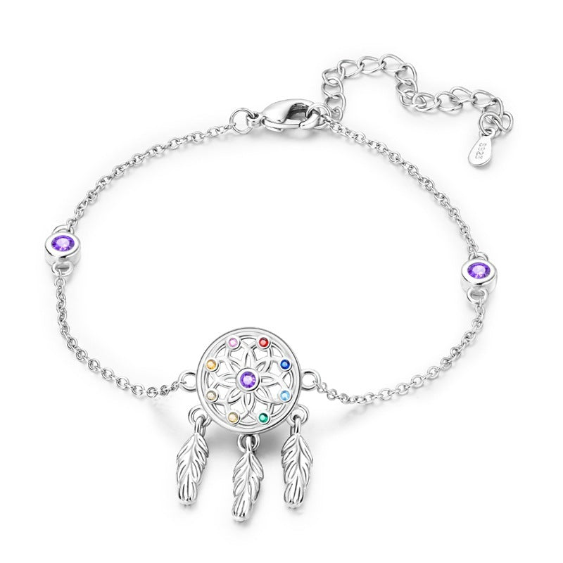 Adjustable Colorful Feather Dreamcatcher Bracelet – Silver Plated
