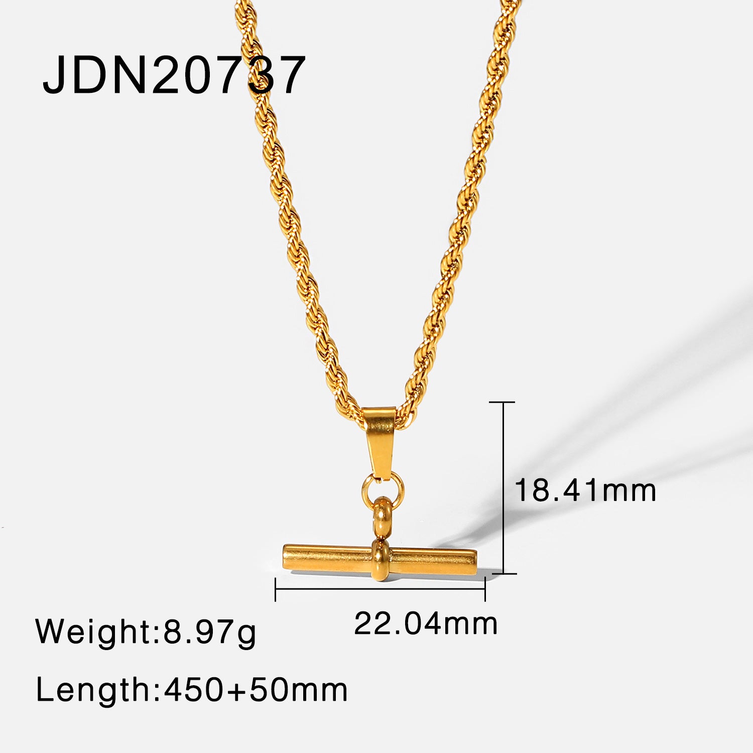 18K Gold T-Bar Pendant Rope Chain Necklace – Punk Hip Hop Stainless Steel Jewellery