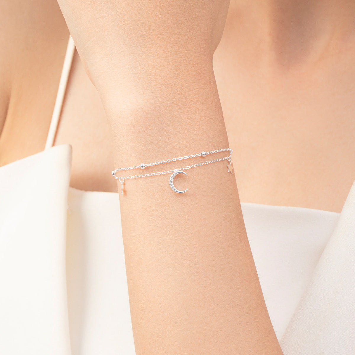 S925 Sterling Silver Star & Moon Bracelet – Double Layer Twin Design for Women