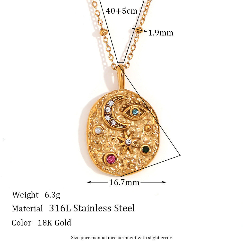 18K Gold Plated Stainless Steel Star & Moon Micro Inlay Necklace
