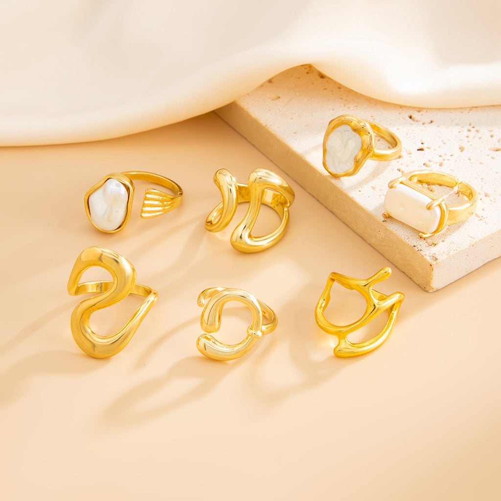 7 PCs Open-End Pearl & Geometric Ring Set – Elegant Women’s Adjustable Fashion Jewellery