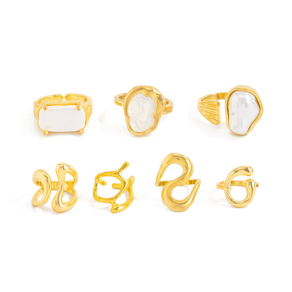 7 PCs Open-End Pearl & Geometric Ring Set – Elegant Women’s Adjustable Fashion Jewellery
