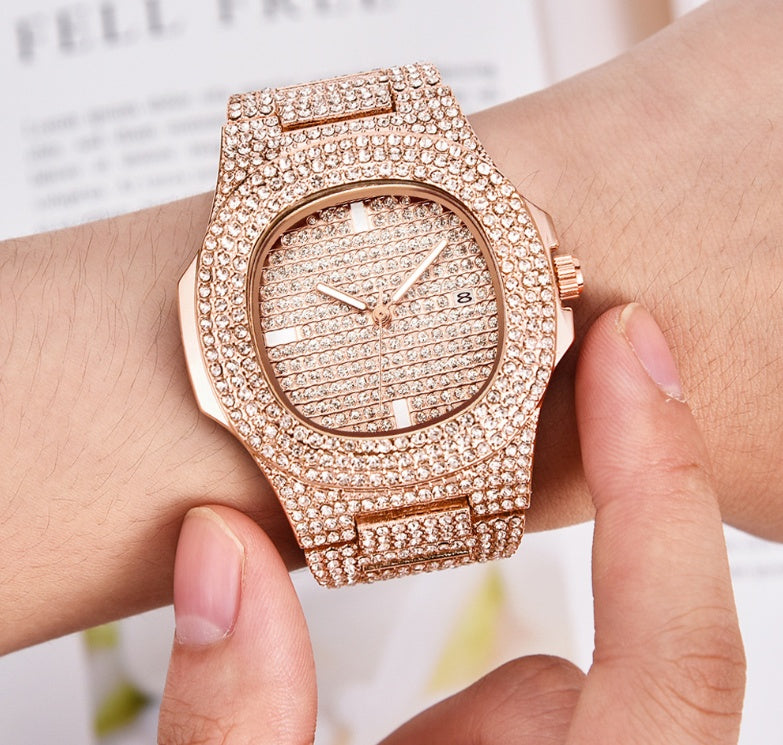 Luxury Men’s Diamond Watch – Quartz Date Display, Fashion Wristwatch