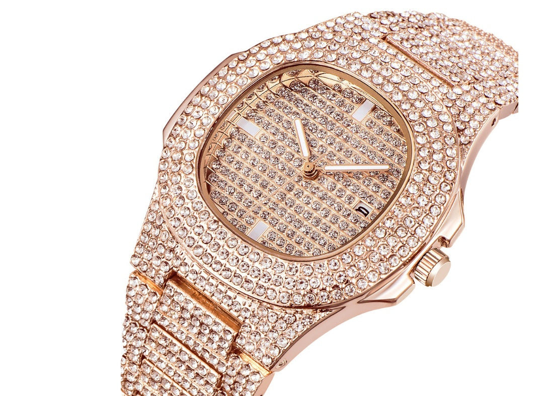 Luxury Men’s Diamond Watch – Quartz Date Display, Fashion Wristwatch