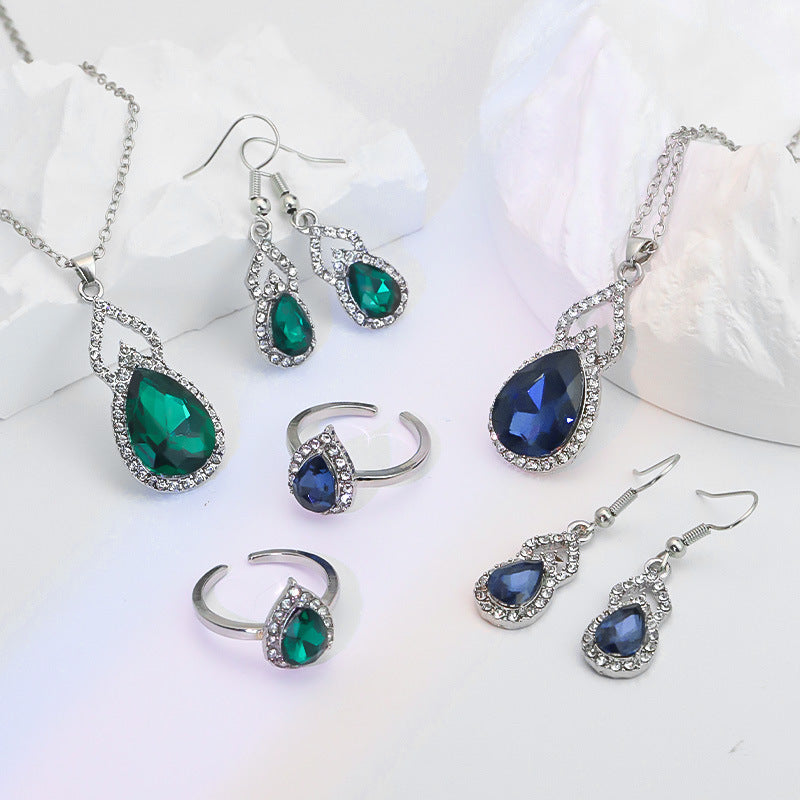 Light Luxury Zircon Jewellery Set – Necklace, Earrings & Open Ring