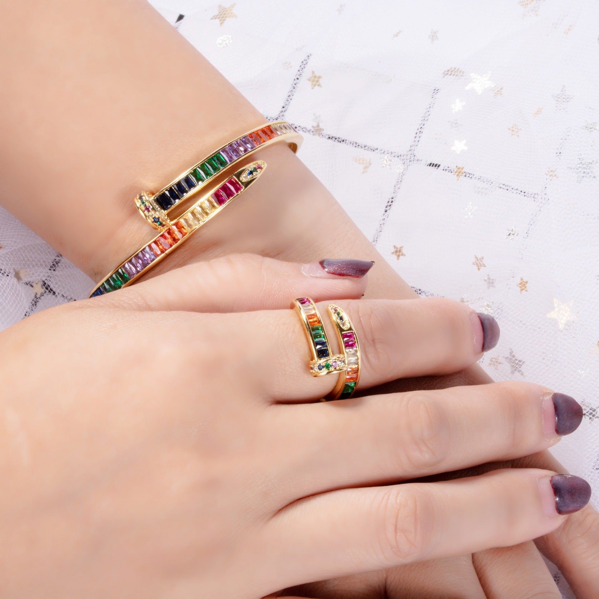 Micro Diamond Nail Bracelet & Ring Set – Gold-Plated Copper Zircon Jewellery