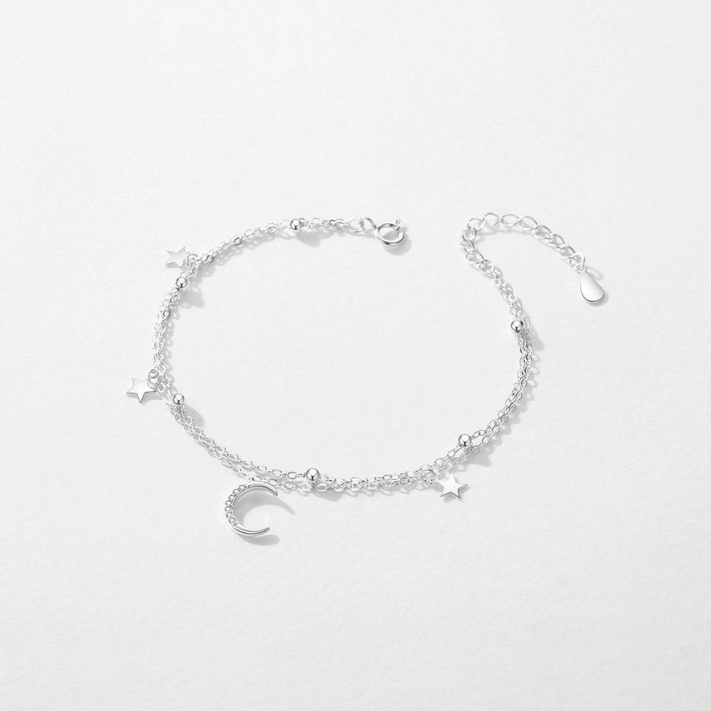S925 Sterling Silver Star & Moon Bracelet – Double Layer Twin Design for Women