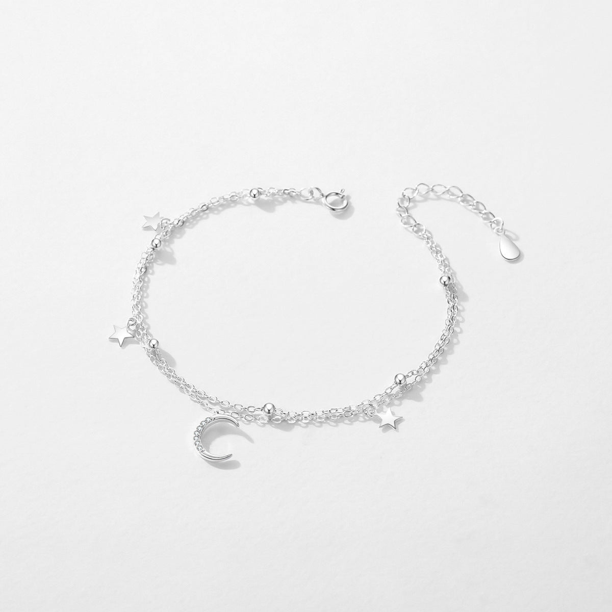 S925 Sterling Silver Star & Moon Bracelet – Double Layer Twin Design for Women