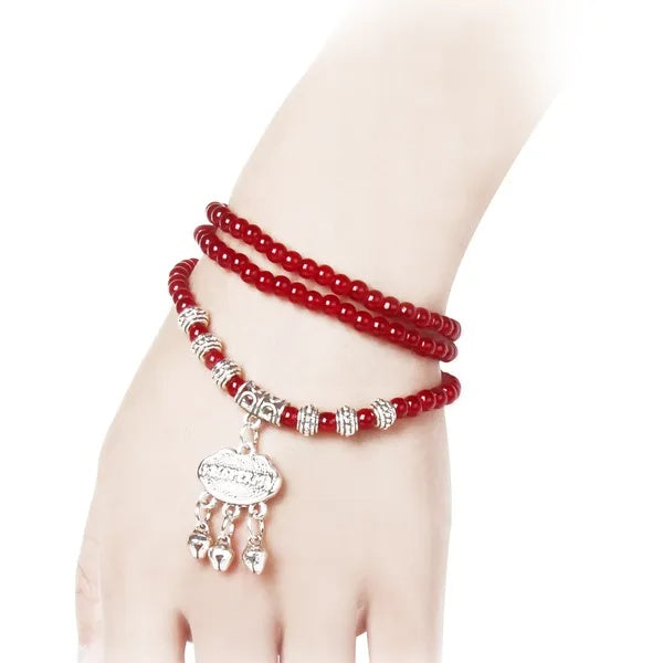Red Agate Beaded Bracelet with Lucky Lock Charm