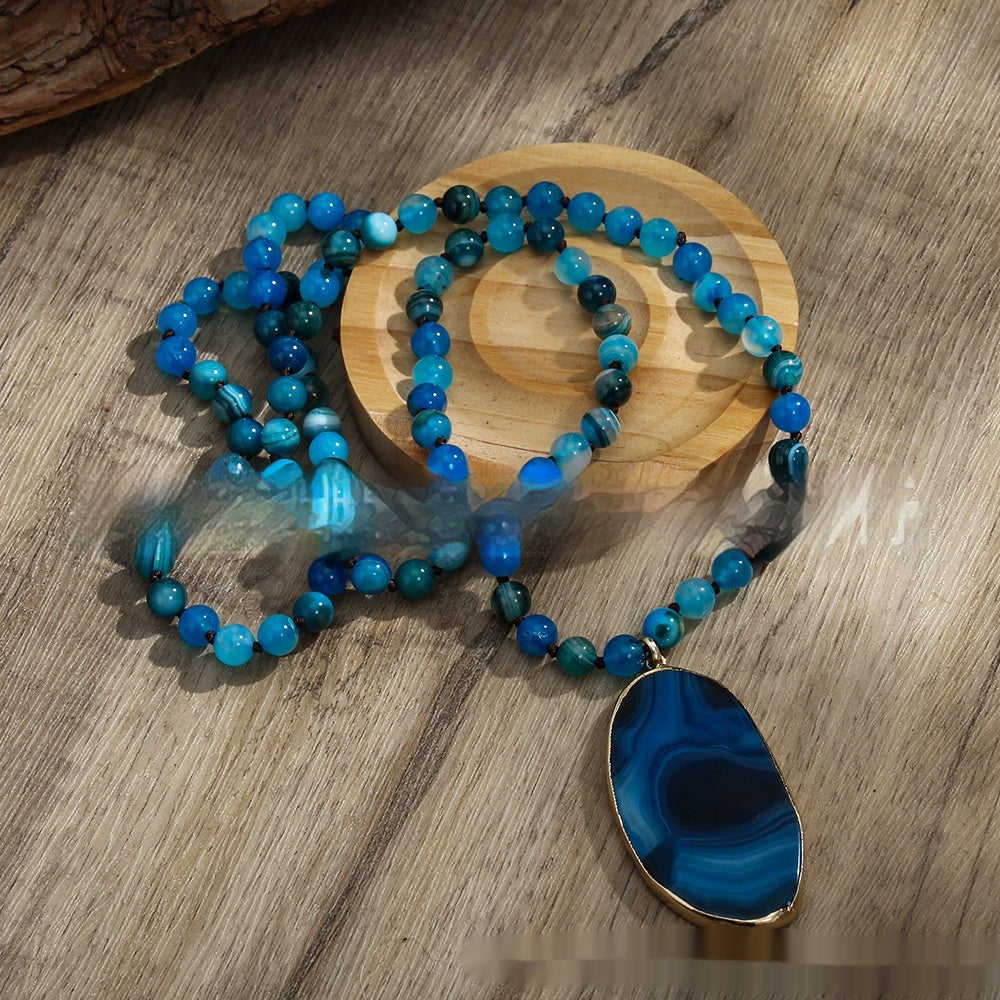 Bohemian 8mm Natural Stone Glass Knotted Necklace – Irregular Striped Agate Pendant