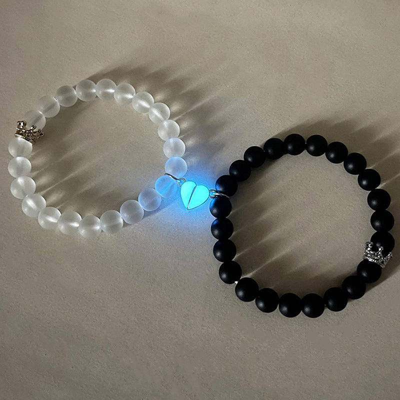 Handmade Glow-in-the-Dark Couple Bracelets – Heart & Crown Charms