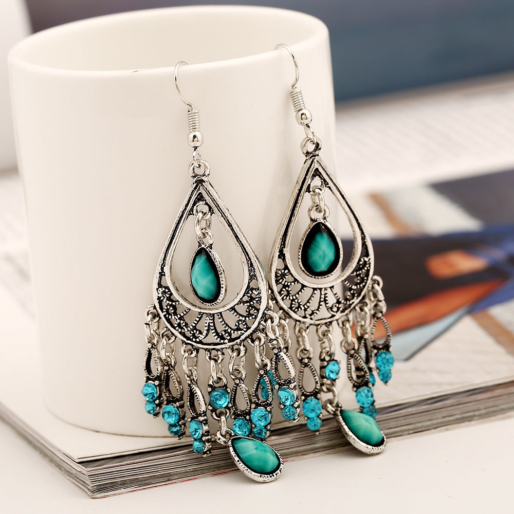 Bohemian Vintage Tassel Earrings with Water Drop Gem
