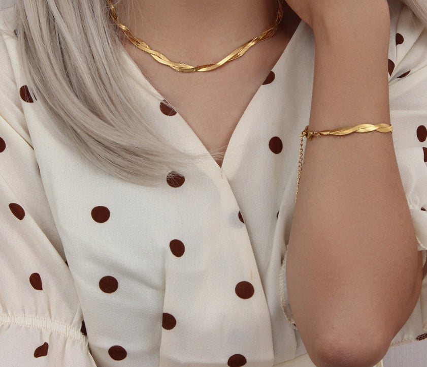 18K Gold Plated Titanium Steel Woven Fishbone Bracelet & Necklace Set