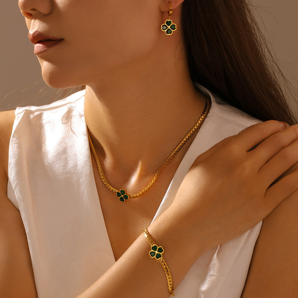 Women’s Four-Leaf Clover Stainless Steel Jewellery Set – Necklace, Bracelet & Earrings