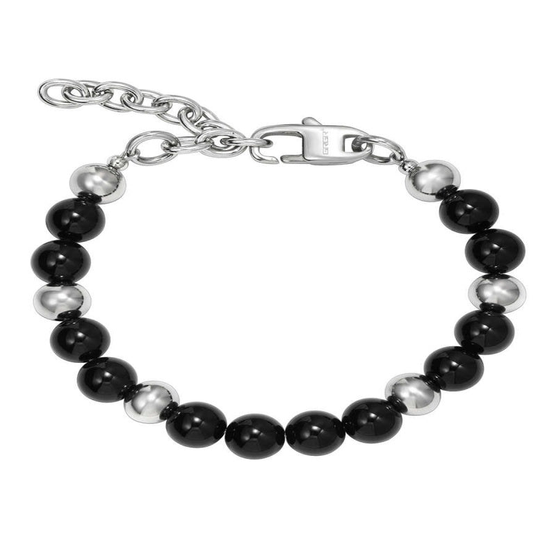 Men’s Black Agate Bracelet – Steel Bead and Pearl Splicing Design