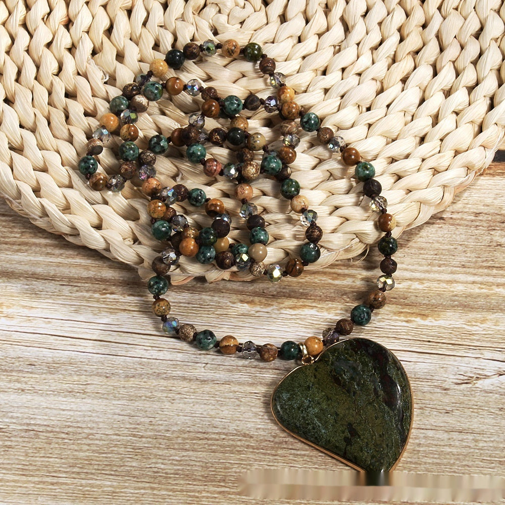 Natural Stone Glass Knotted Necklace – Green Heart Pendant Sweater Chain