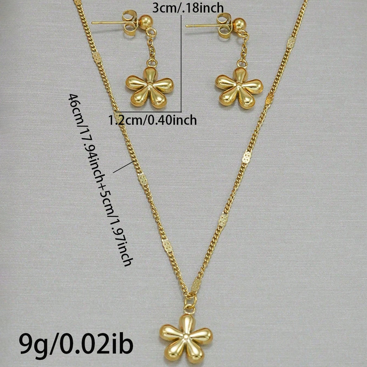 18K Gold Plated Stainless Steel Dainty Flower Necklace & Earrings Set for Women