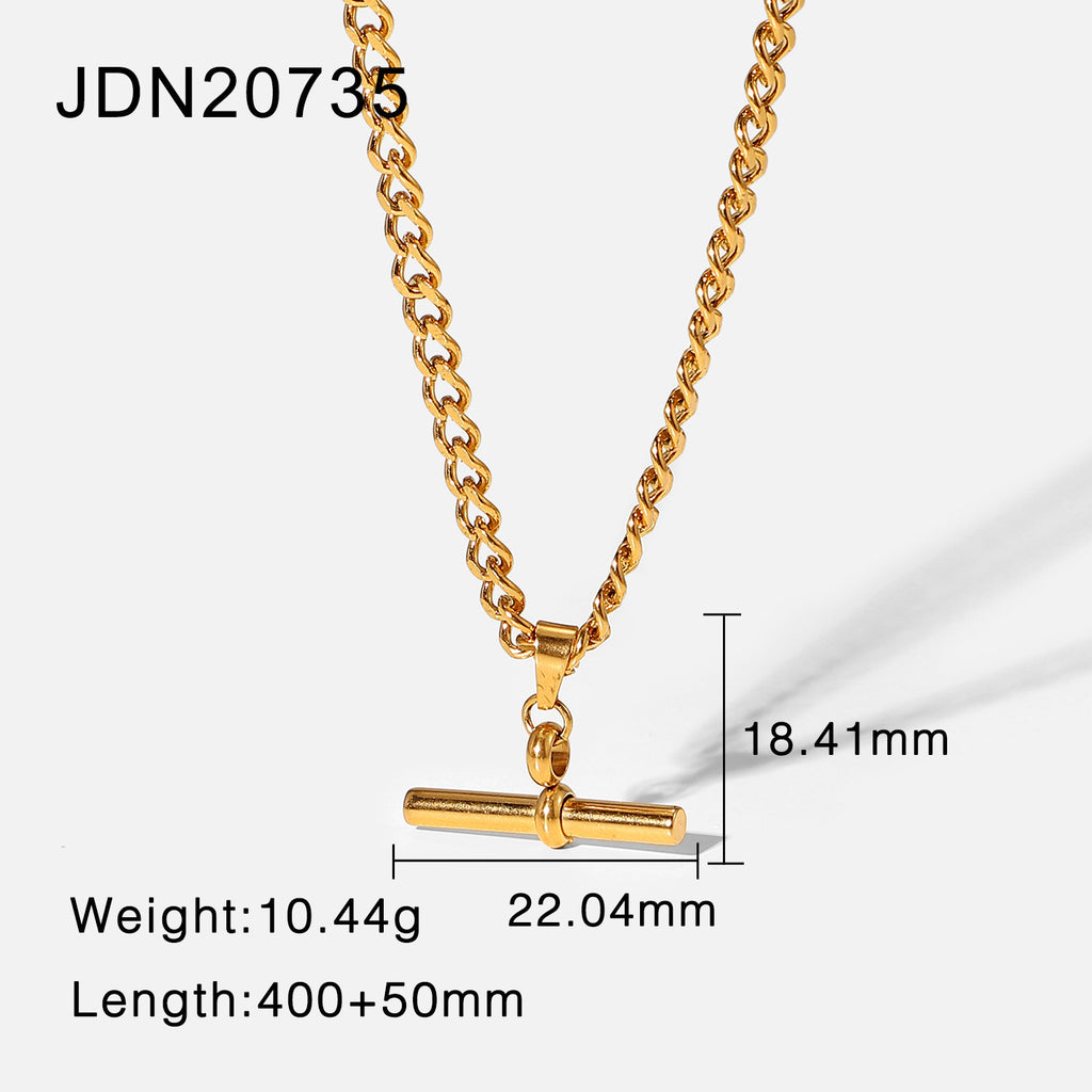 18K Gold T-Bar Pendant Rope Chain Necklace – Punk Hip Hop Stainless Steel Jewellery