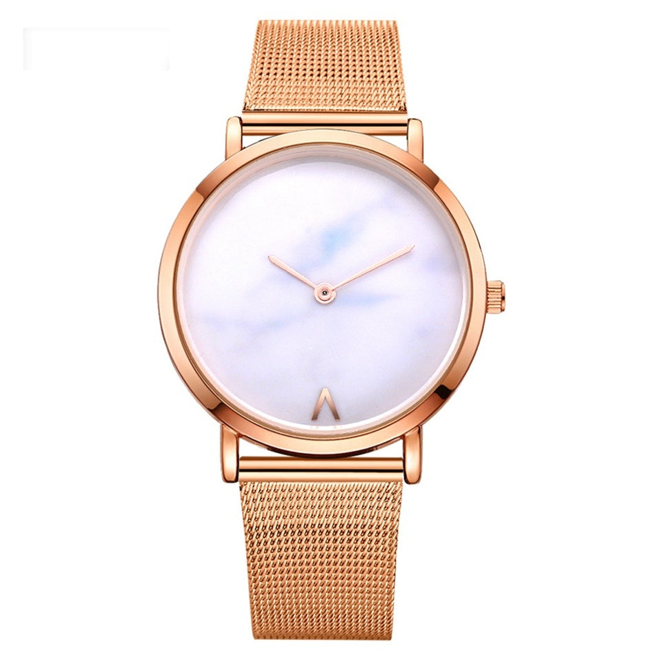 Vansvar Women’s Quartz Marble Watch – Silver & Gold Mesh Band