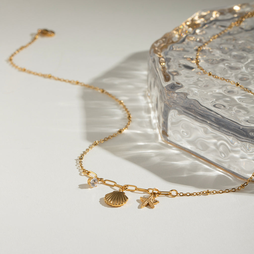 18K Gold Plated Stainless Steel Starfish Pendant Necklace with White Zircon