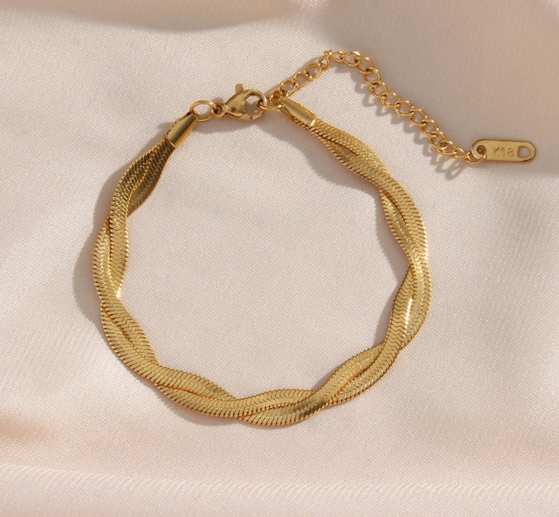 18K Gold Plated Titanium Steel Woven Fishbone Bracelet & Necklace Set