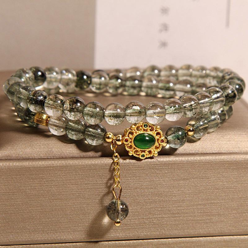 Women’s Green Phantom Quartz Double Circle Bracelet – Japanese & Korean Style
