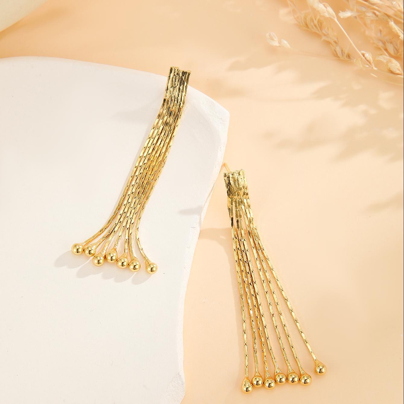 Modern Thin Chain Tassel Earrings – 2pcs Gold Bead Earrings for Women