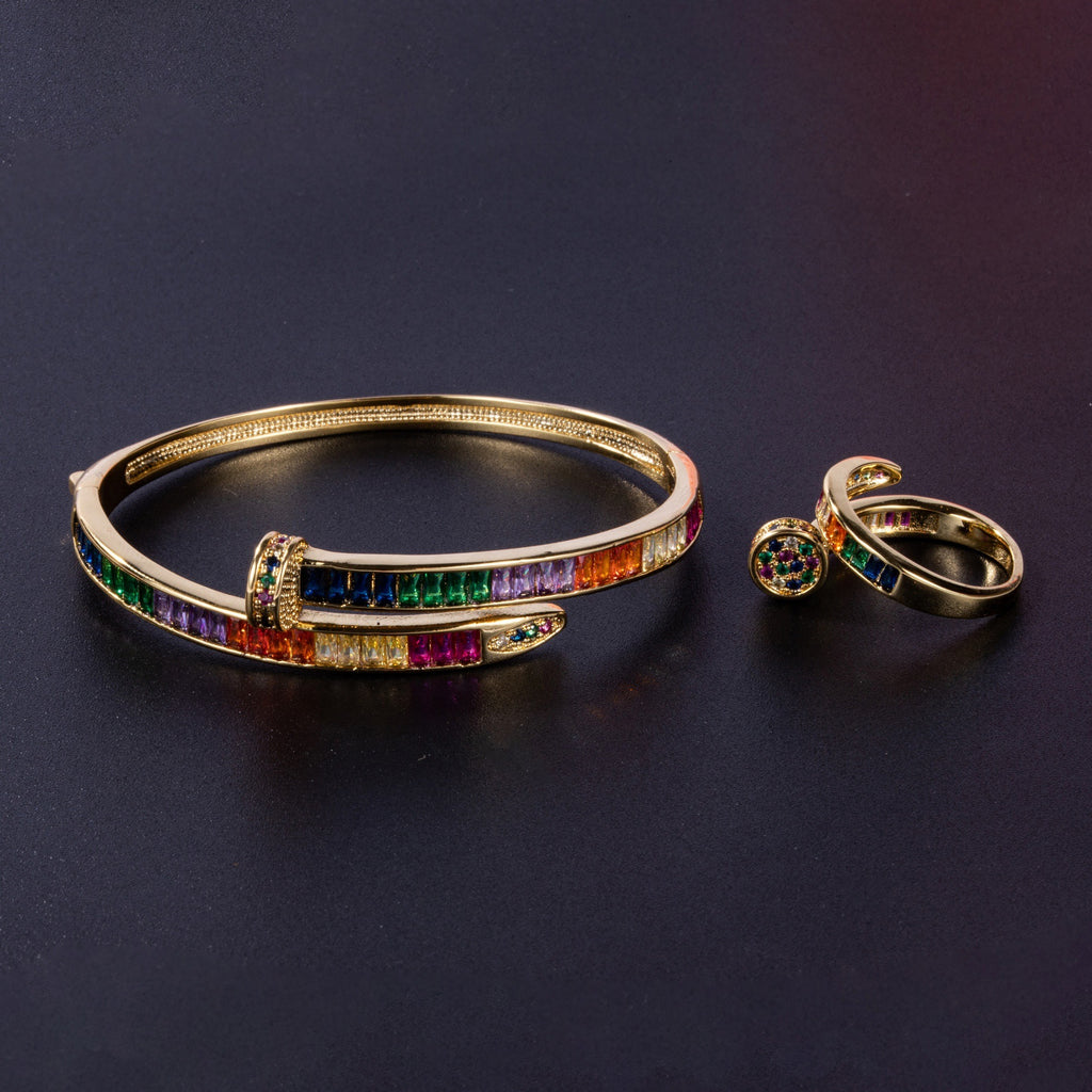 Micro Diamond Nail Bracelet & Ring Set – Gold-Plated Copper Zircon Jewellery