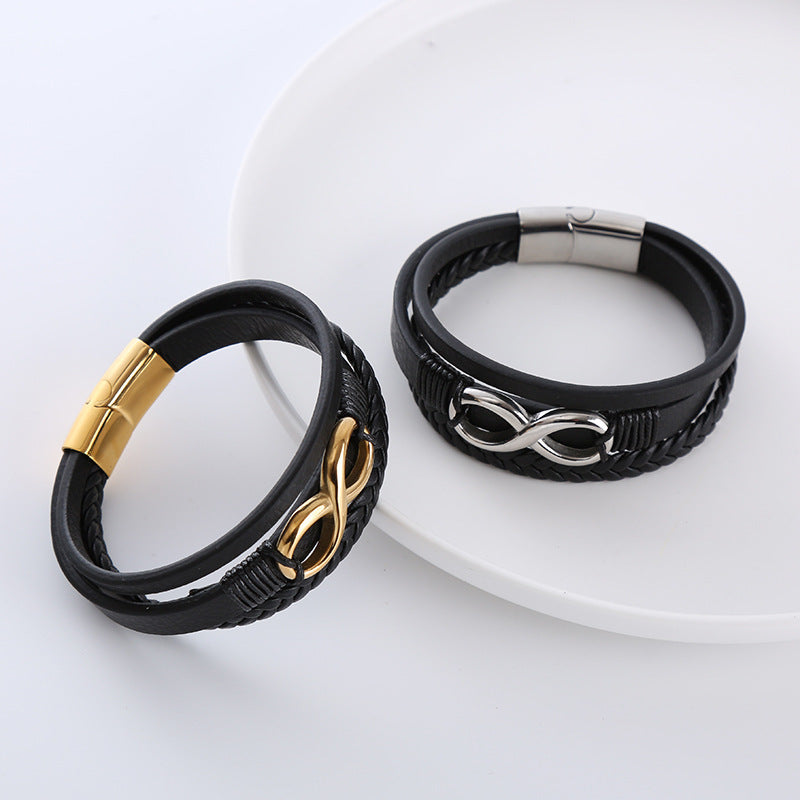 Twist Weave Infinite Symbol Number Shape Bracelet – Retro PU Leather for Men