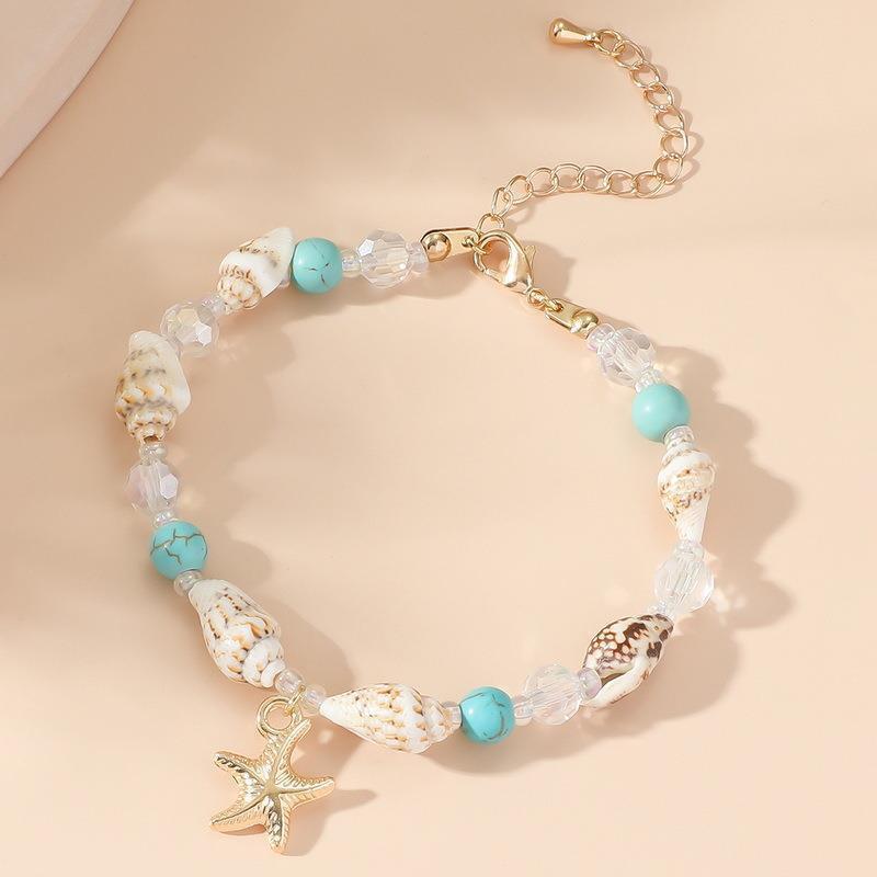 Turquoise Beaded Shell Bracelet – Conch, Starfish & Crystal Beads Beach Jewellery for Women