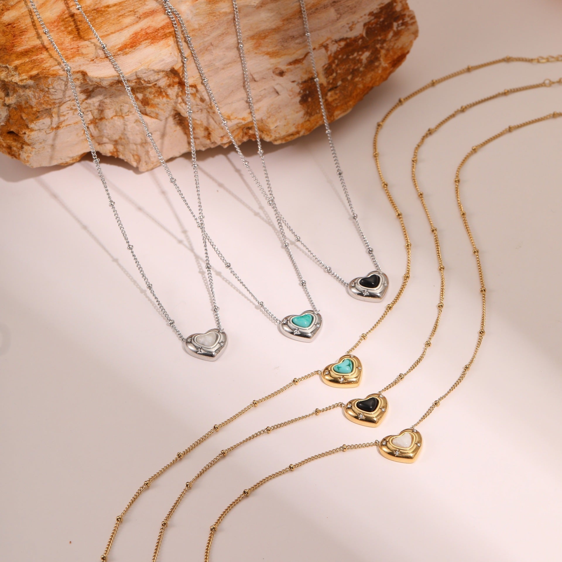 Fashion Love Heart-Shaped Natural Stone Pendant Necklace – Titanium Steel Women’s Jewellery