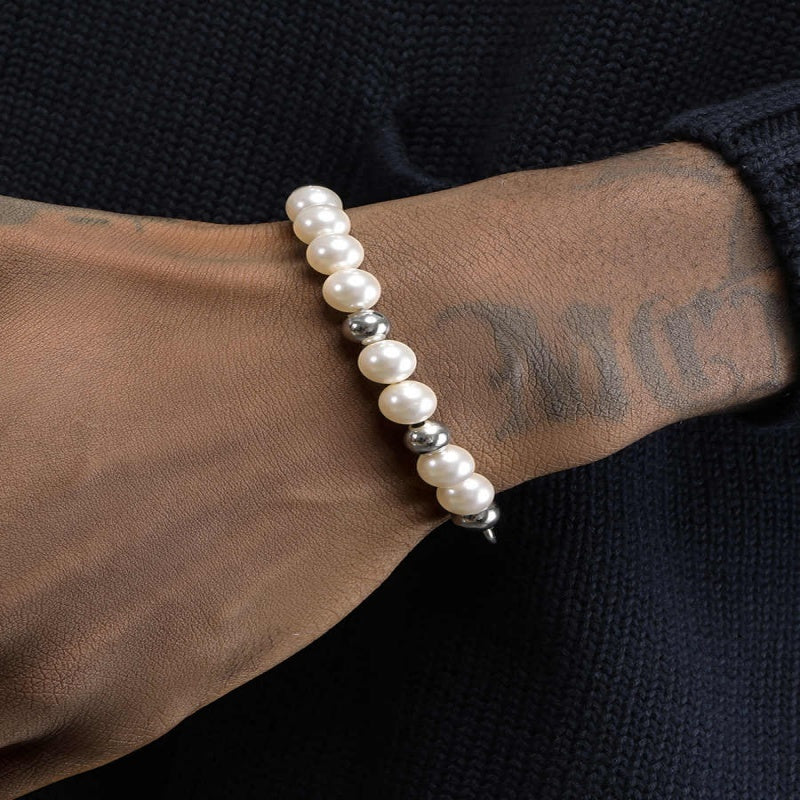 Men’s Black Agate Bracelet – Steel Bead and Pearl Splicing Design