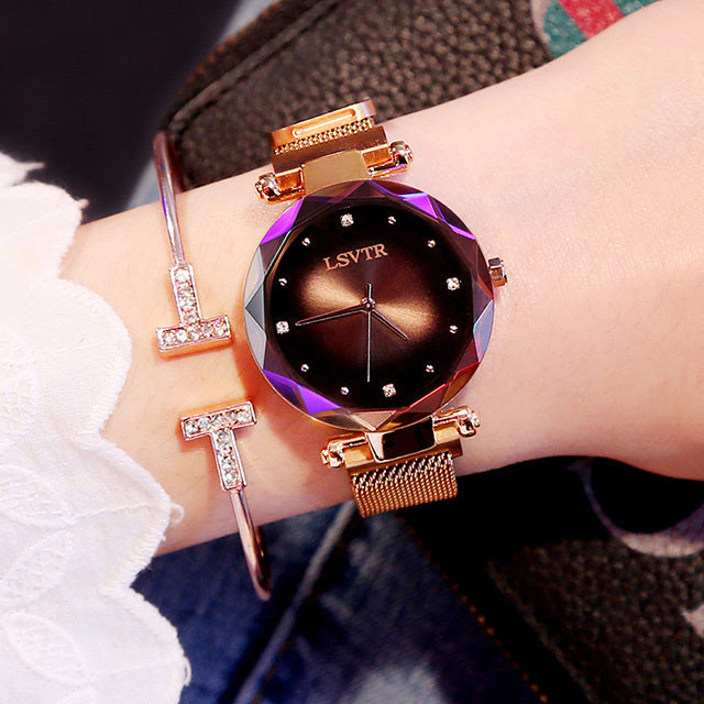 Rose Gold Women’s Starry Sky Watch – Fashion Diamond Magnetic Wristwatch