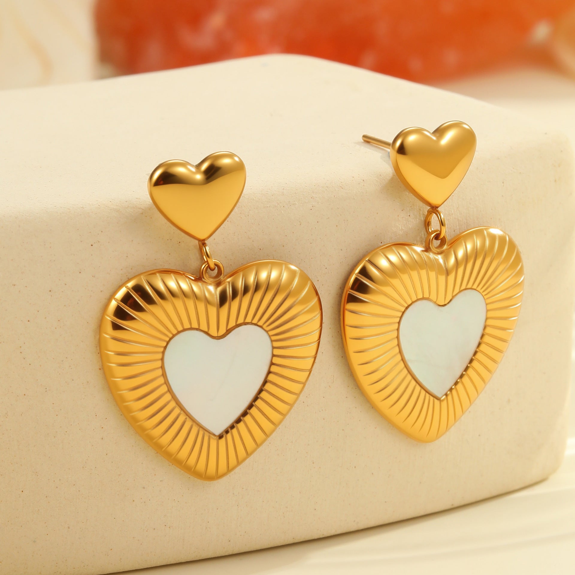 Heart-Shaped Stainless Steel Earrings – White Fritillary Design for Women