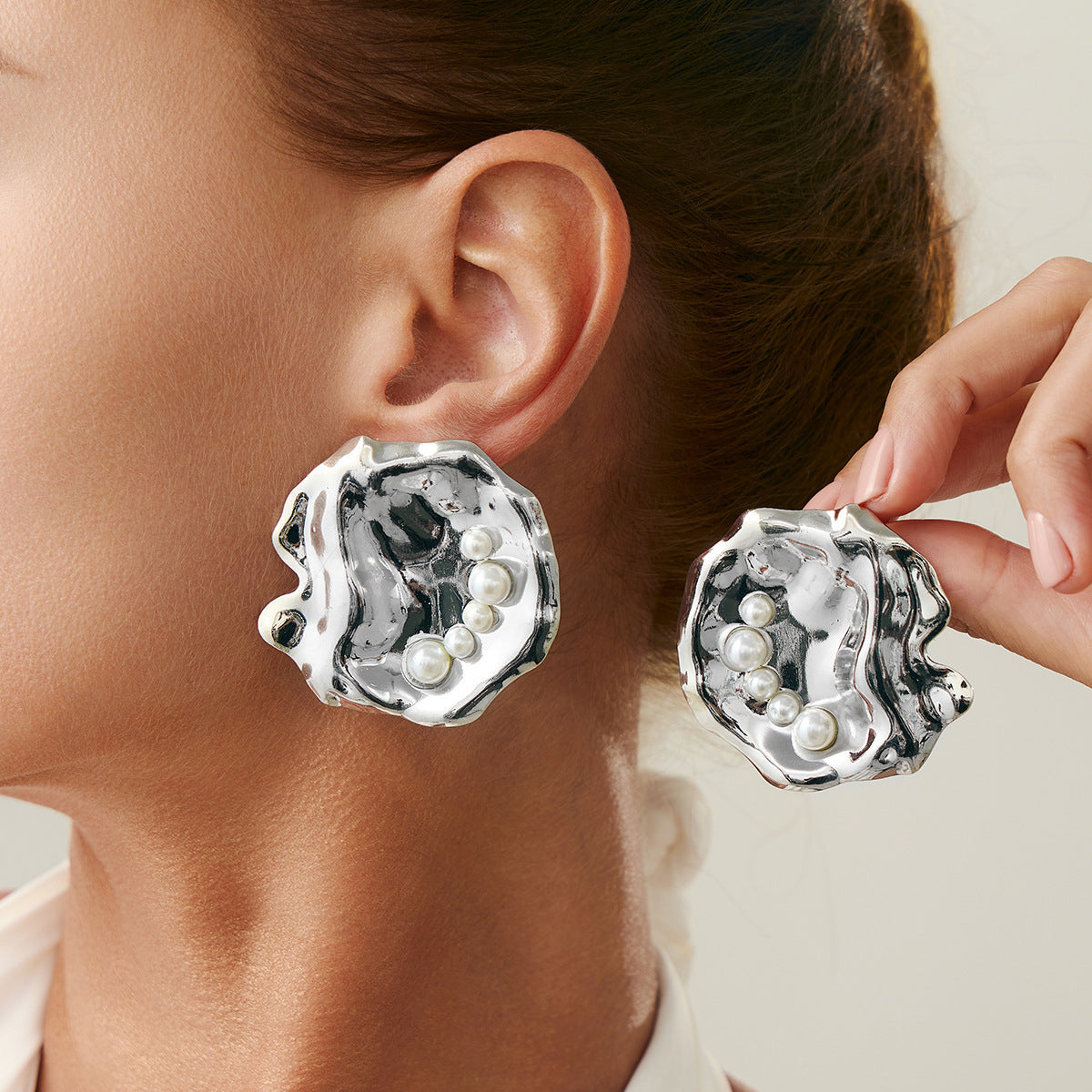 Fashion Metal Earrings – Glossy Pleated Irregular Geometric Design for Women