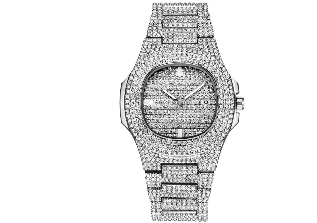 Luxury Men’s Diamond Watch – Quartz Date Display, Fashion Wristwatch