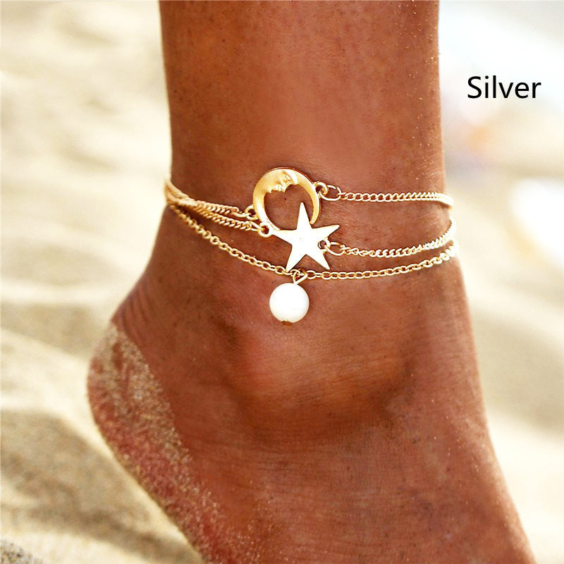 Women’s Three-Layer Anklet – Metal Alloy Foot Bracelet Set