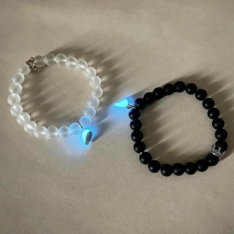 Handmade Glow-in-the-Dark Couple Bracelets – Heart & Crown Charms