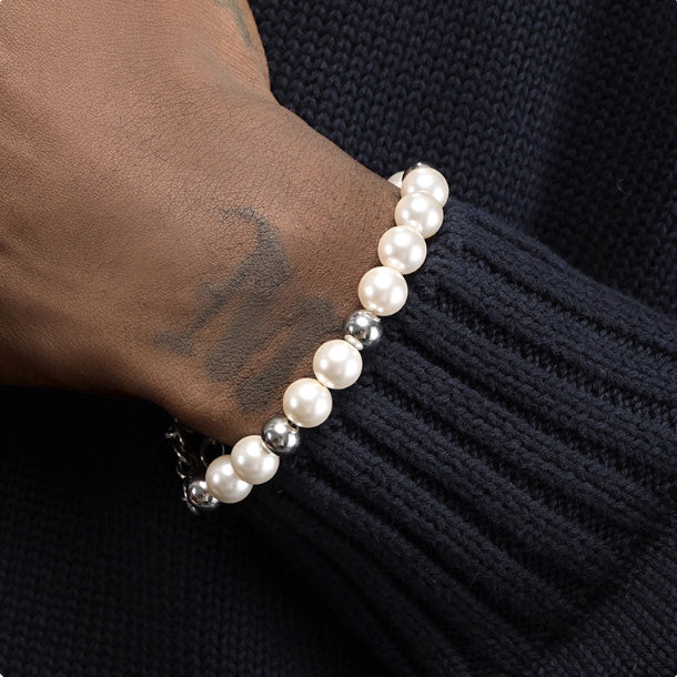 Men’s Black Agate Bracelet – Steel Bead and Pearl Splicing Design