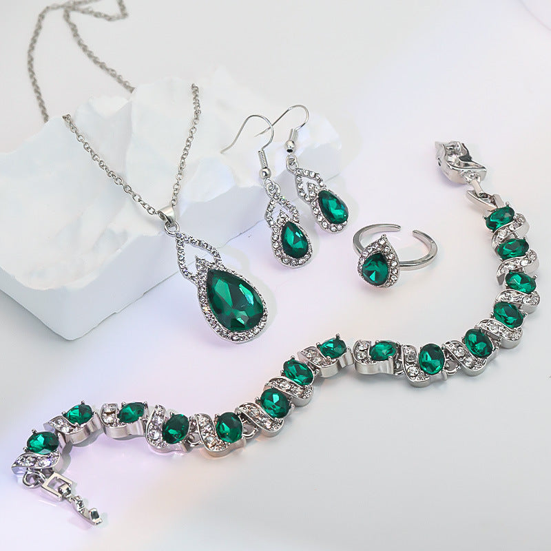 Light Luxury Zircon Jewellery Set – Necklace, Earrings & Open Ring