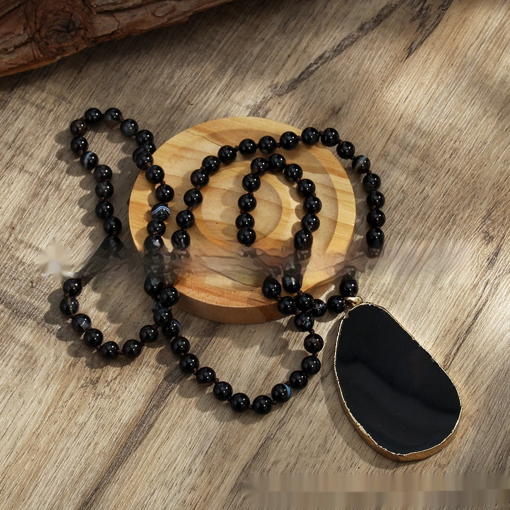 Bohemian 8mm Natural Stone Glass Knotted Necklace – Irregular Striped Agate Pendant